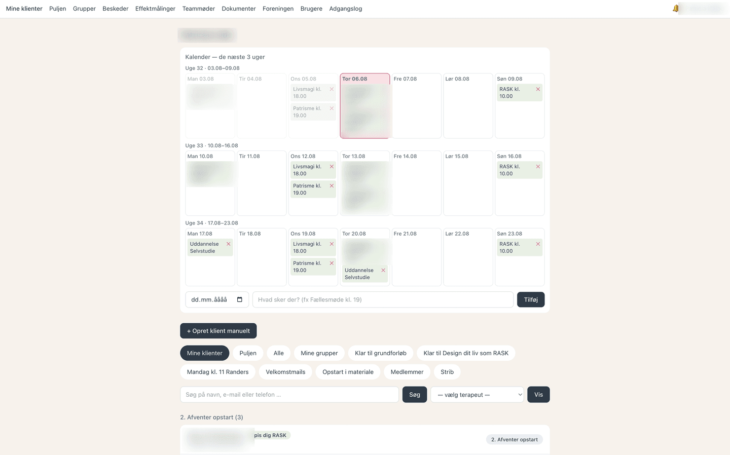 Klientplatformen bag Huset RASK, persondata anonymiseret